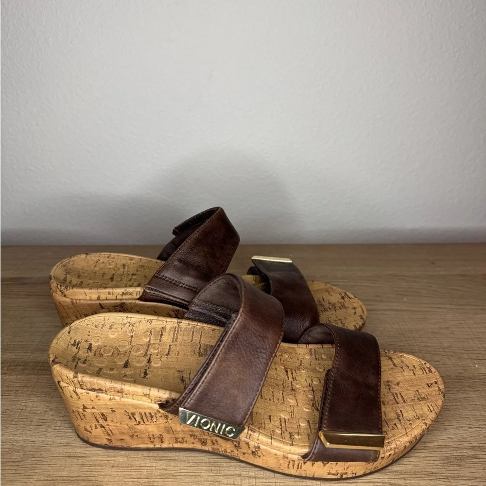 Vionic Pepper Wedge Metallic Brown Slip On Cork Leather Sandals